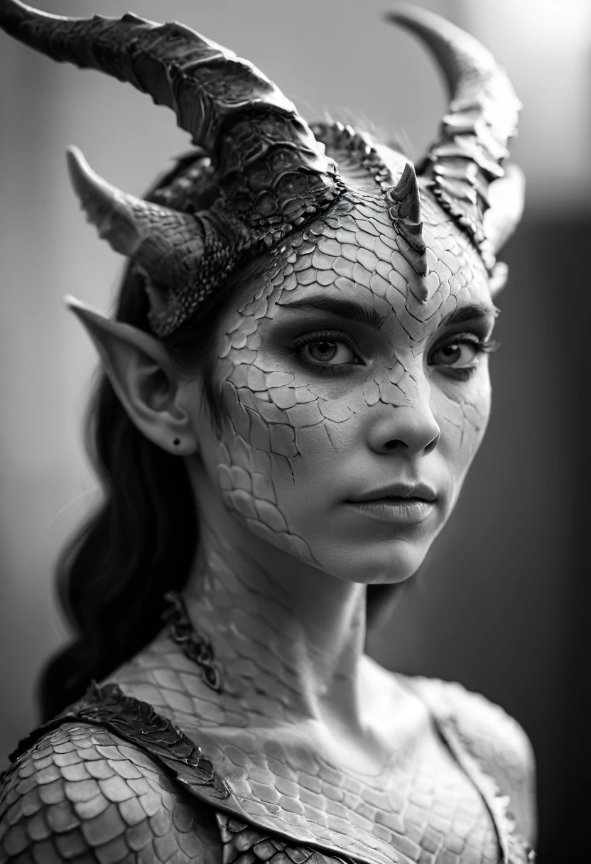 face portrait of a beautiful artdrgn woman with scales as skin, horns, shallow depth of field, blurry background, monochrome, highly detailed, strong shadows,
 