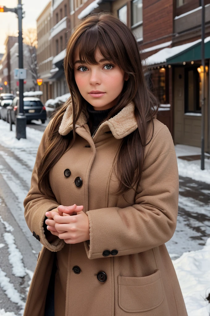 Create an ultra-realistic image of a girl with brown hair styled in bangs standing on a winter street. She is slightly turned to one side, with her face completely covered by the high collar of a thick, cozy winter coat. Only her expressive eyes are visible, conveying a gentle, shy warmth. She is blushing with shyness