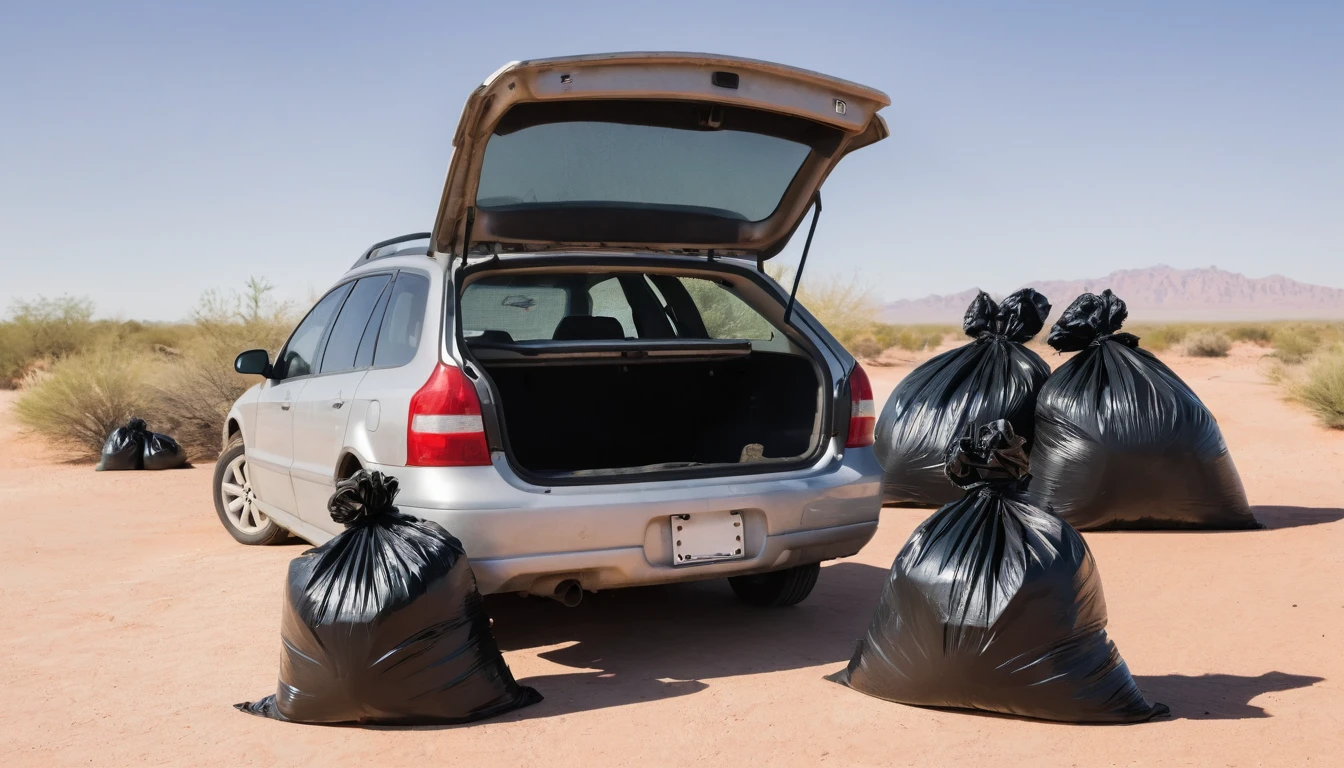 three black garbage bags tied to a car trunk in the desert
