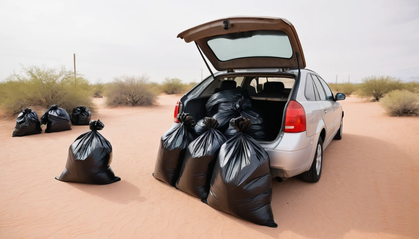 three black garbage bags tied to a car trunk in the desert