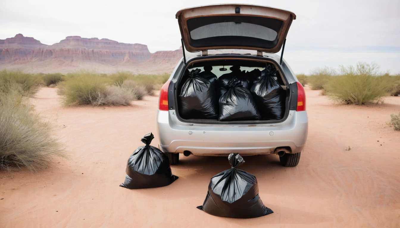 three black garbage bags tied to a car trunk in the desert