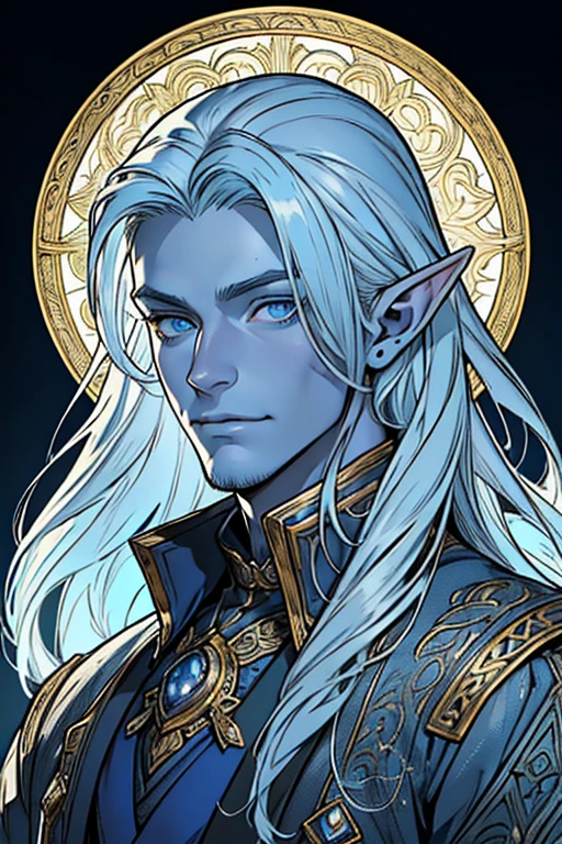 (masterpiece)，(Very detailed)，(Very detailed)，(best quality), lineart, one elves man, fantasy character with midnight blue skin, blue eyes, and golden hair, lord, ((portrait)) tall, stunning, fantasy, beautiful face, animated style, perfect face, highest detail, stubble, detailed face, clothes, intricate details, fantasy background, expressionless, solo,
