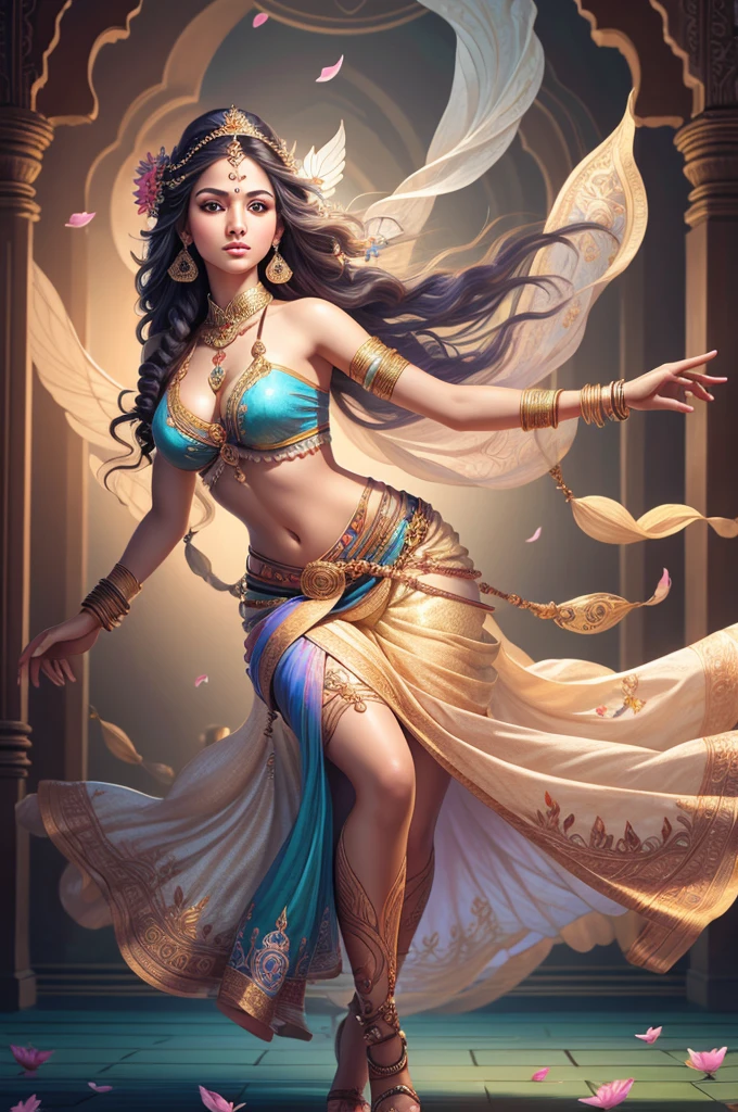 (Highly detailed), (illustration), (Intricate), (Beautiful face), (Attractive body), (Full body picture), Modern Indian goddess, Dynamic pose, flying petal, Colorful, Eye-catching, Heavenly., Radharani