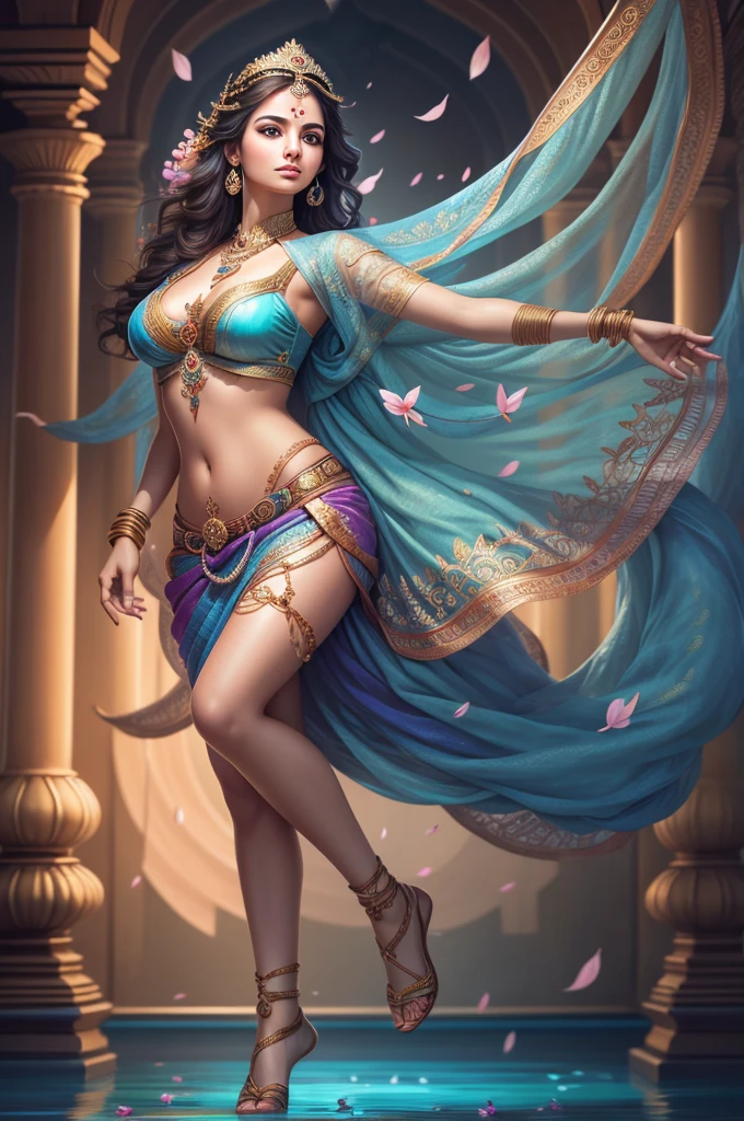 (Highly detailed), (illustration), (Intricate), (Beautiful face), (Attractive body), (Full body picture), Modern Indian goddess, Dynamic pose, flying petal, Colorful, Eye-catching, Heavenly., Radharani