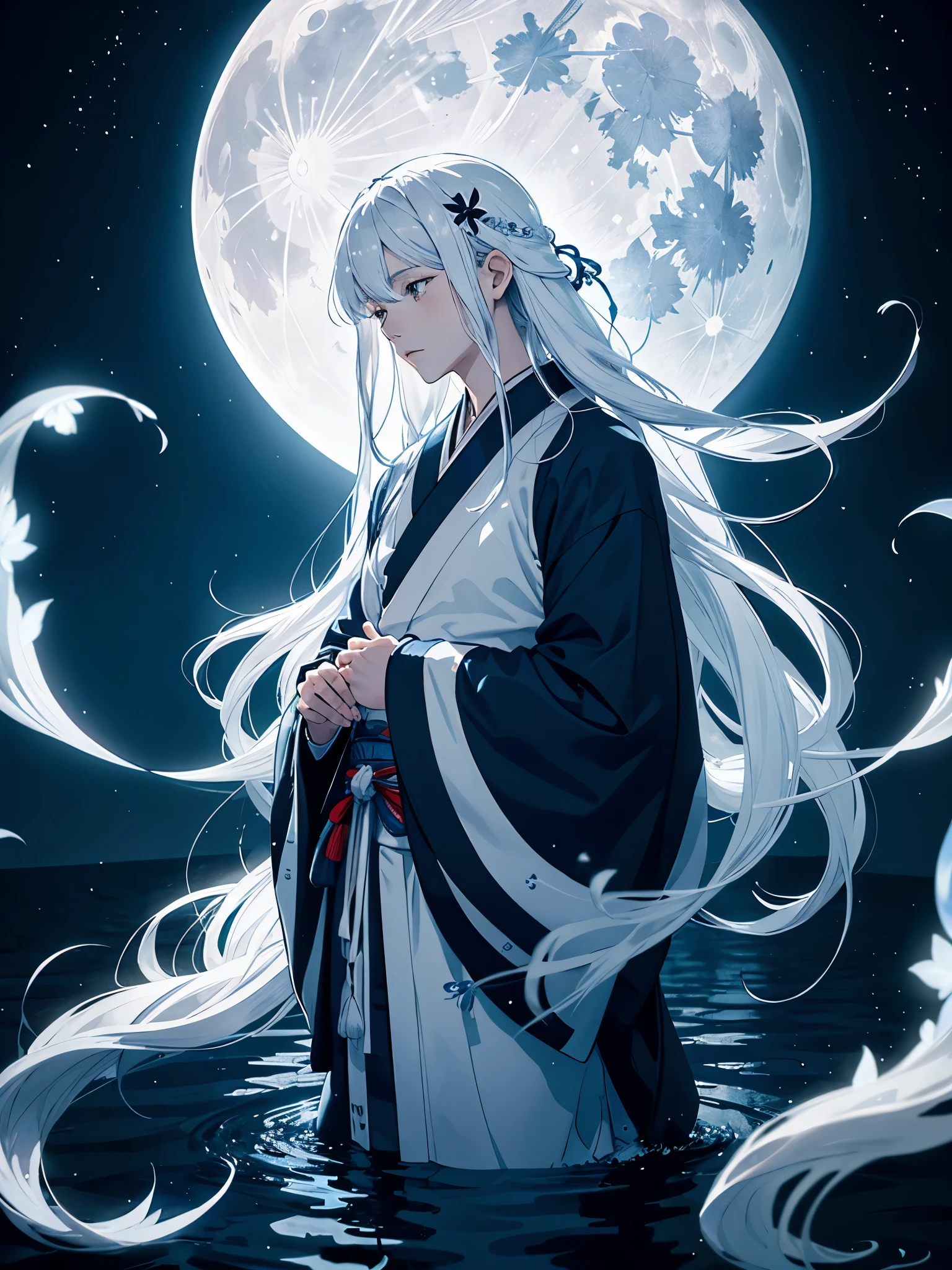 Japanese kimono. White crows. Ghosts. lights. magical. Power animals. Spirit. King of the moon. Long hair. long white hair. aquatic, boy, silver hair accessories, White hair, blue flowers. Blue lights. full moon. holy.