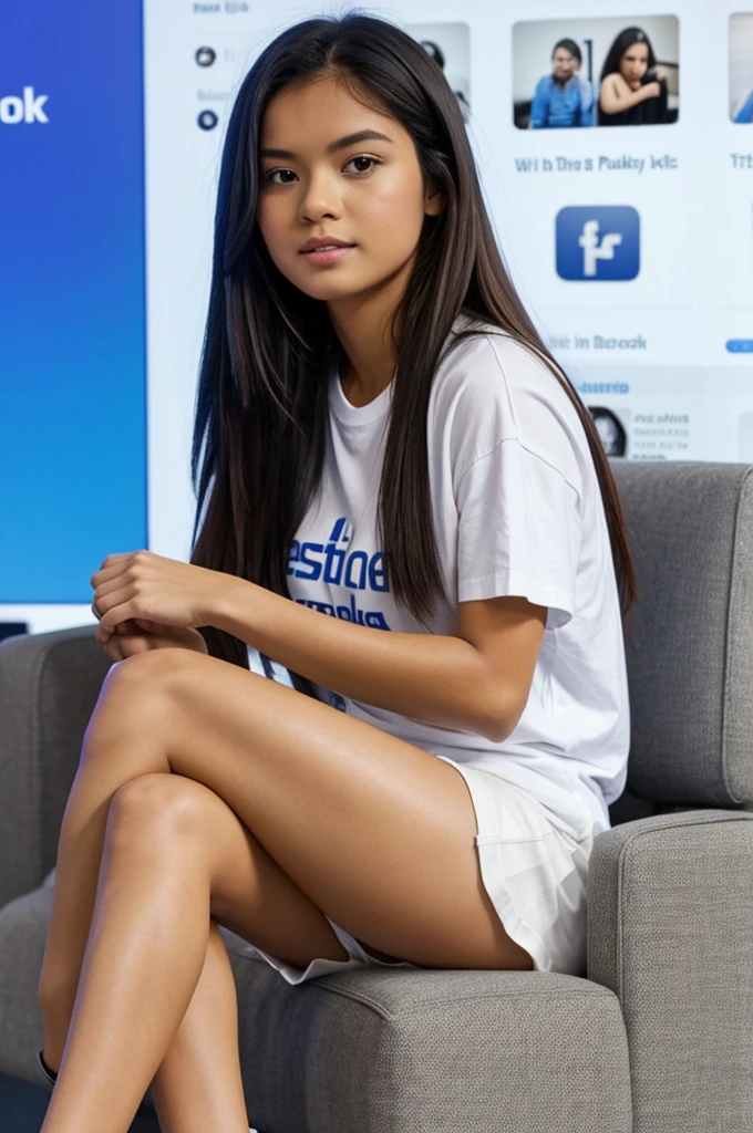 a sexy woman sitting with her legs crossed in front of a large Facebook interface. The person was wearing white sneakers, white shorts, over what appeared to be a white t-shirt. Long, straight hair. The Facebook interface displays a profile with the name “Baby” and some additional details that are not clearly visible. There is also a typical Facebook 'like' icon at the bottom left of the image.