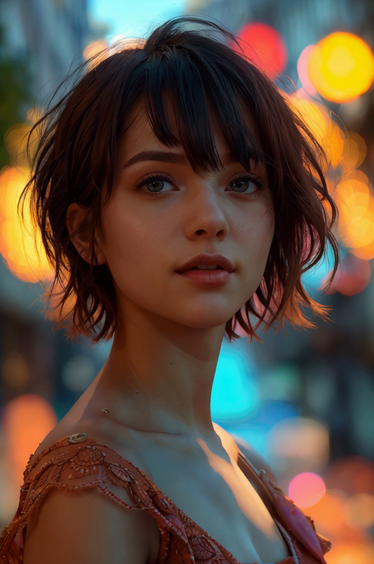 8k, raw picture, photograph, beautiful short hair female ,dress , street 