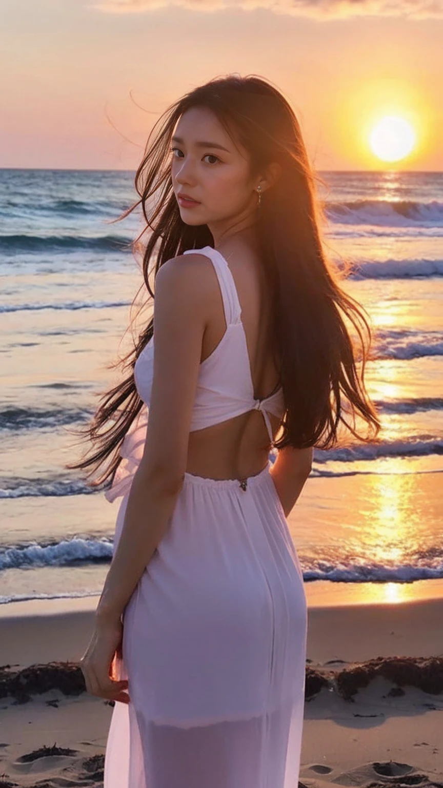 &quot;A scene where a beautiful woman is standing with her back to you。Long hair fluttering in the wind。The background is the beach at sunset。”