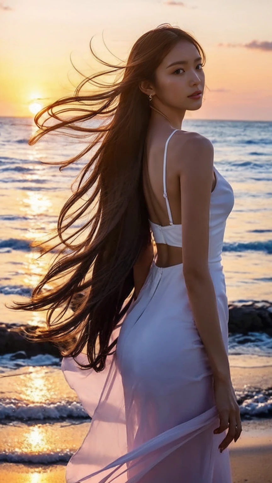 "A scene where a beautiful woman is standing with her back to you。Long hair fluttering in the wind。The background is the beach at sunset。”