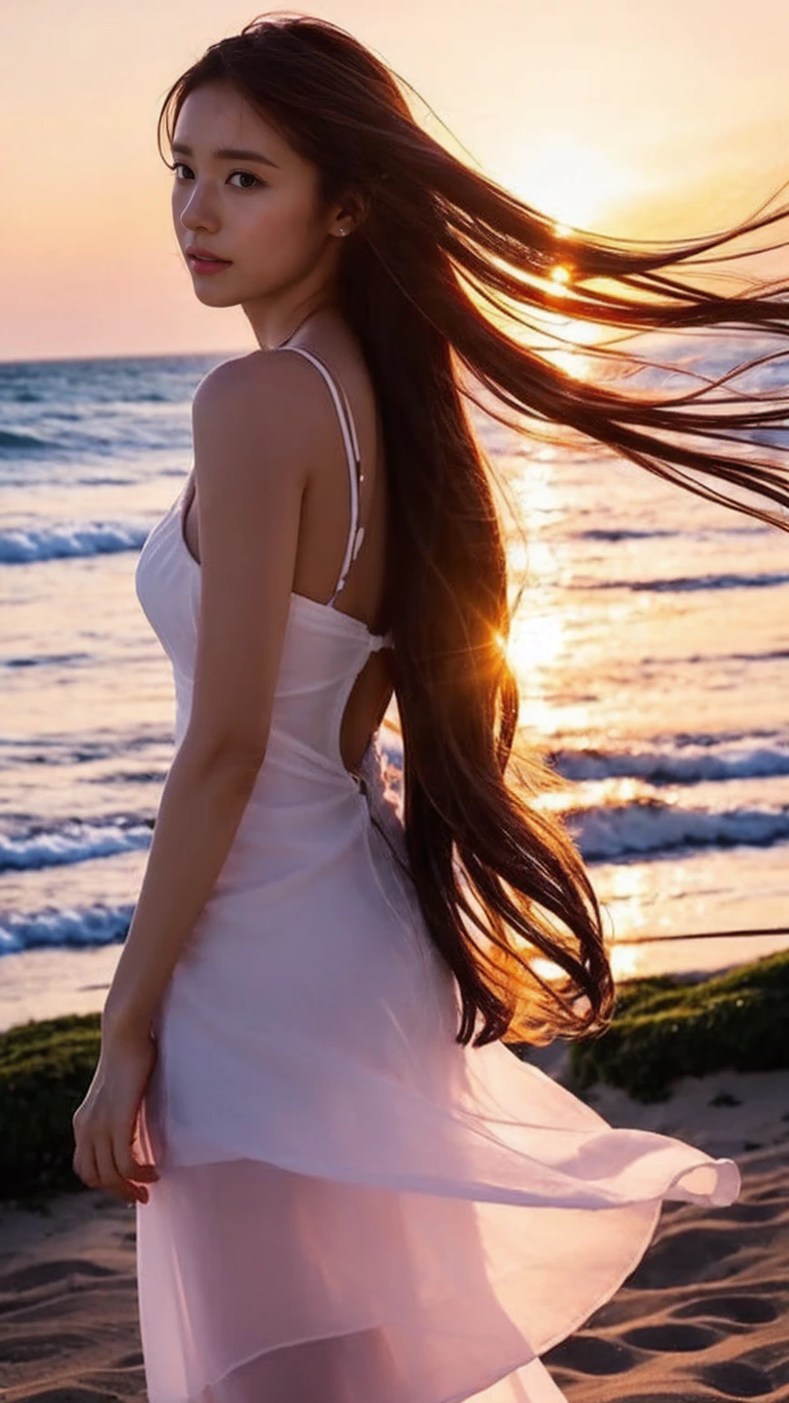 "A scene where a beautiful woman is standing with her back to you。Long hair fluttering in the wind。The background is the beach at sunset。”