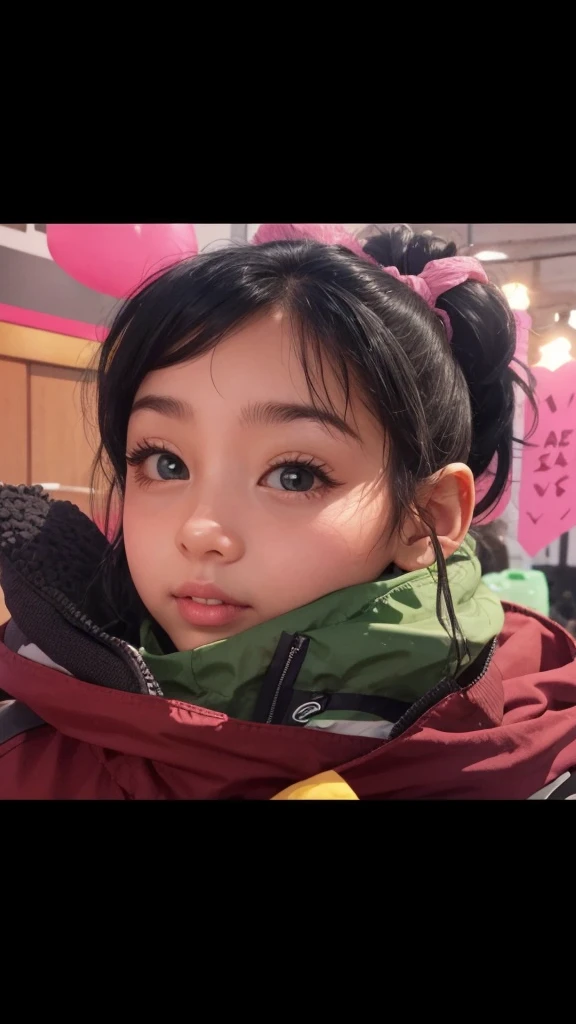 A very cute , humor esnobe, with a green coat and black hair tied up