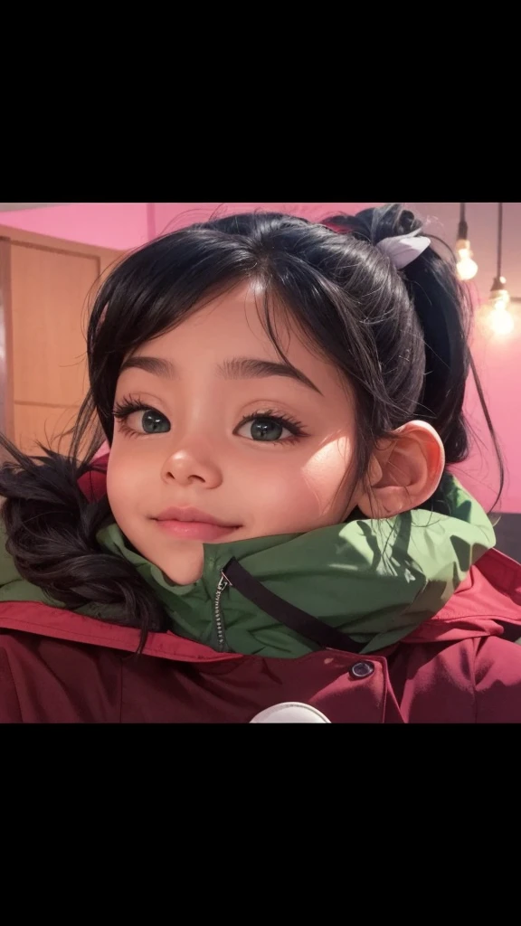A very cute , humor esnobe, with a green coat and black hair tied up