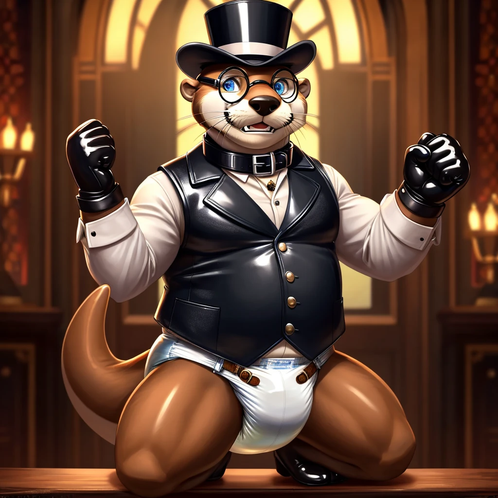 Solo, Male, fat, extremely obese, gentleman, dapper Professor Otter, blue eyes, (posing:1.3), (soft shading), 4k, hi res, ((detailed face, detailed)), looking at viewer, mouth wide open, steampunk, collared shirt with buttons, top hat, male focus, Explorer Outfit, glasses, monocle, vest with buttons, sleeves rolled up, round eyewear, brown headwear, brown vest, Otter is wearing a glossy leather dog collar around the neck, Otter is wearing the leather collar and shirt and vest at the same time, Otter is wearing glossy white rubber gloves on the hands, wearing white rubber gloves on the feet, gloves are rubber in texture, clenching teeth, clenching fists, leather collar is glossy and shiny with a lot of detail, Otter is wearing gloves and leather collar at the same time, leather collar has a round dog-tag, leather collar is thick and detailed, leather collar is glossy and shiny, fancy clothing, dapper vest, dapper shirt, leather collar is thick, glossy leather collar, Otter is wearing a diaper
