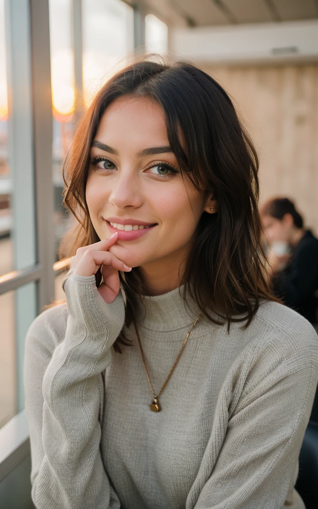 Cute beautiful blonde with yellow sweater (Drinking coffee in a modern café at sunset), muito detalhado, 38 years old, innocent face, naturally wavy hair, green gray eyes, high-res, masterpiece, best qulaity, Intricate detailing, muito detalhado, sharp focus, detailed skin, realistie Hauttextur, Textur, detailled eyes, professional, 4K, charming smile, taken with Canon, 85 mm, light depth of field, Kodak Vision Color, perfectly fitting body, extremely detail, photoshot_\(ultra\), fotorealisti, realisti, Post processing, maximum details, roughness, real life, ultrarealisti, photoshotrealismus, photoshotgrafie, 8K UHD, photoshotgrafie