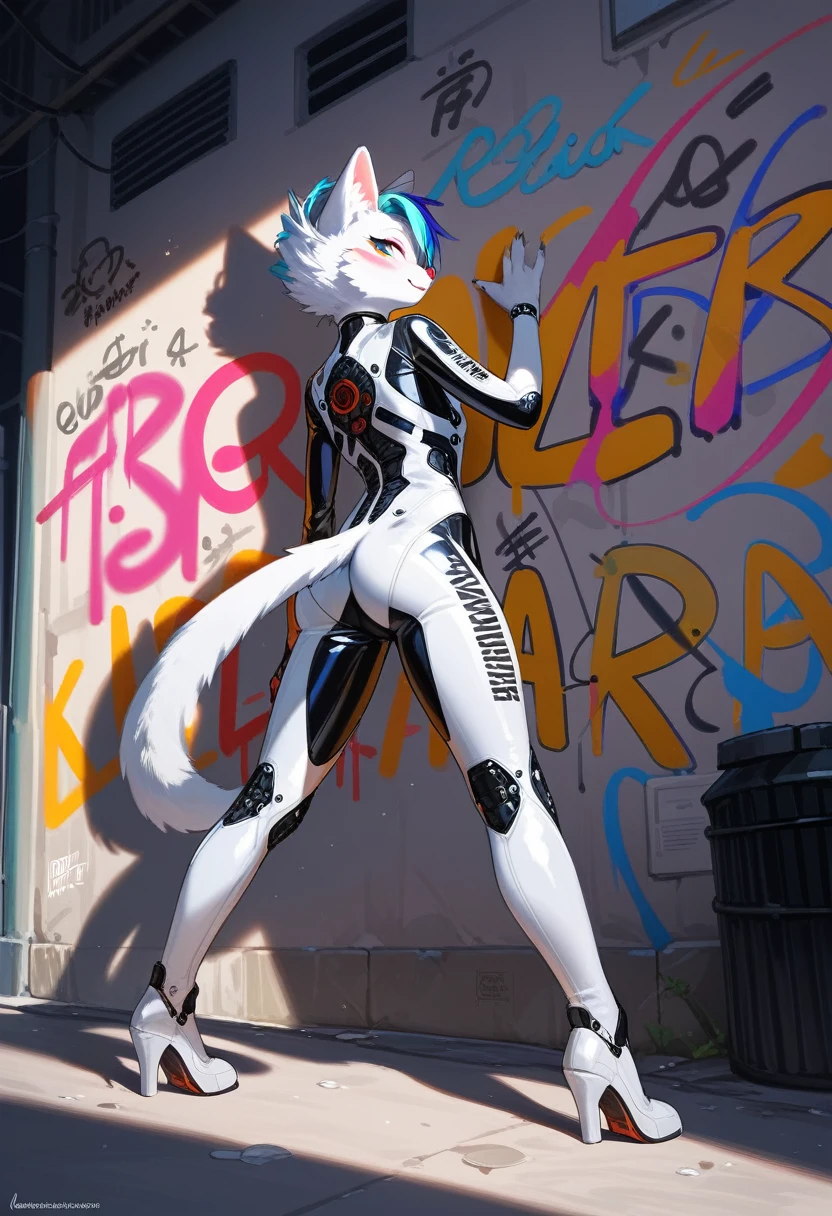 animation, Highest quality, Highest quality, High quality illustrations, masterpiece, Ultra-high resolution, Detailed Background, Alley, Graffiti art on the wall, Absurd, Perfect Anatomy, performance, Good lighting, Shadows in the movies(kemono, Furry PersonifiCation), Cat, White Rubber Suit, latex, neon, neonライト, neonカラー, Bodysuits, Cyber Suit, cyber punk, From the back