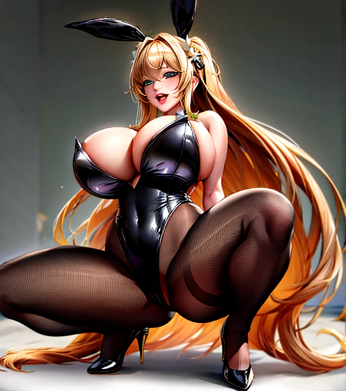 One girl, Playboy Bunny, Animal ears, Blonde, Shackles, Bunny ears, Leotardo, post stripper, Large Breasts, after that, Long Hair, Black leotard, after that dance, Animal ears falsas, Leotardo de High leg, only, とてもLong Hair, Straplessレオタード, Green Eyes, Strapless, High heels, squat, High leg, Watching the audience, Zoom Layer, Open your mouth, Black shoes, gloves, gloves negros,Parted lips,Red lips,((Mature Woman)),Huge breasts,(Glowing Skin),(Mature Woman:1.2),Rupiah - Rabbit,