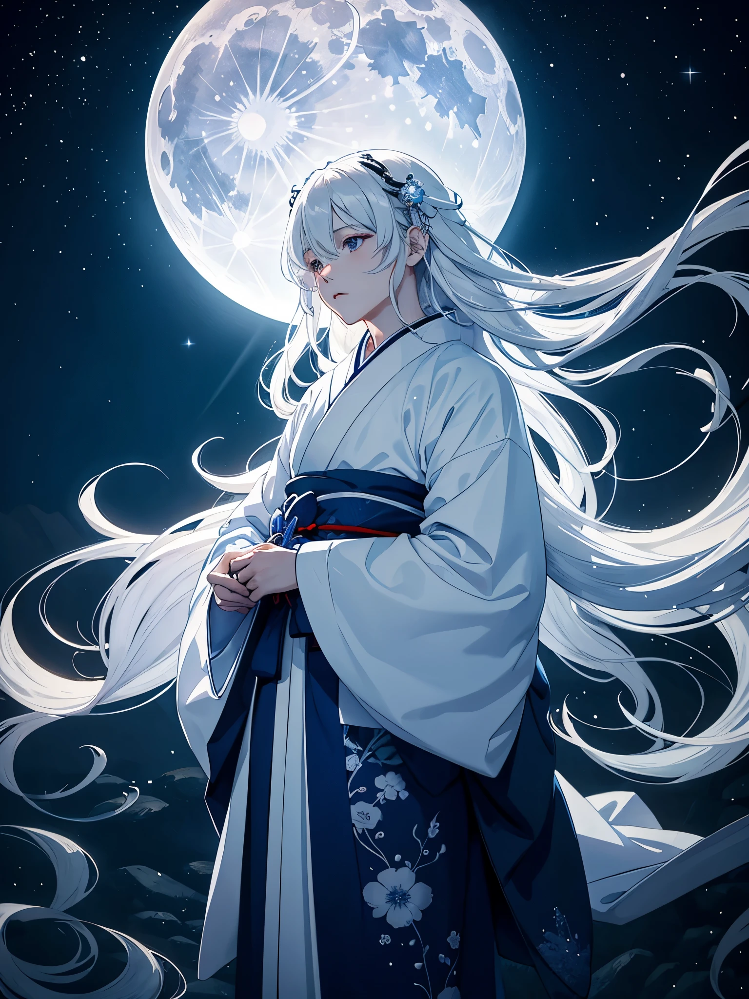Japanese Kimono. Hanbok. Hirschgeweih. White crows. Ghosts. lights. magical. Power animals. Spirit. King of the moon. Long hair. long white hair. aquatic, boy,  silver hair accessories, White hair, blue flowers. Blue lights. full moon. holy. 