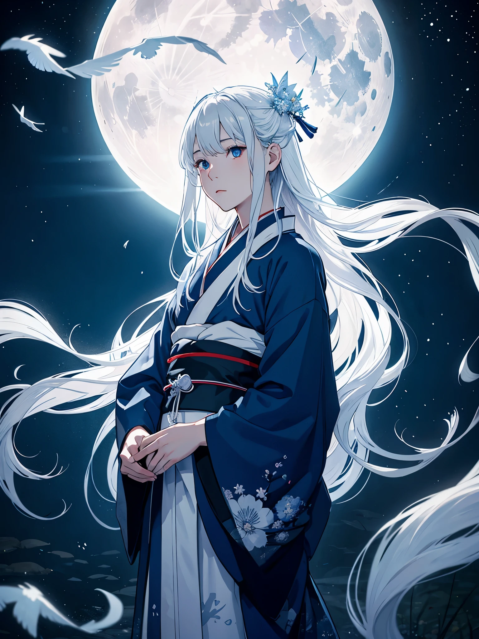 Japanese Kimono. Hanbok. Hirschgeweih. White crows. Ghosts. lights. magical. Power animals. Spirit. King of the moon. Long hair. long white hair. aquatic, boy, silver hair accessories, White hair, blue flowers. Blue lights. full moon. holy.