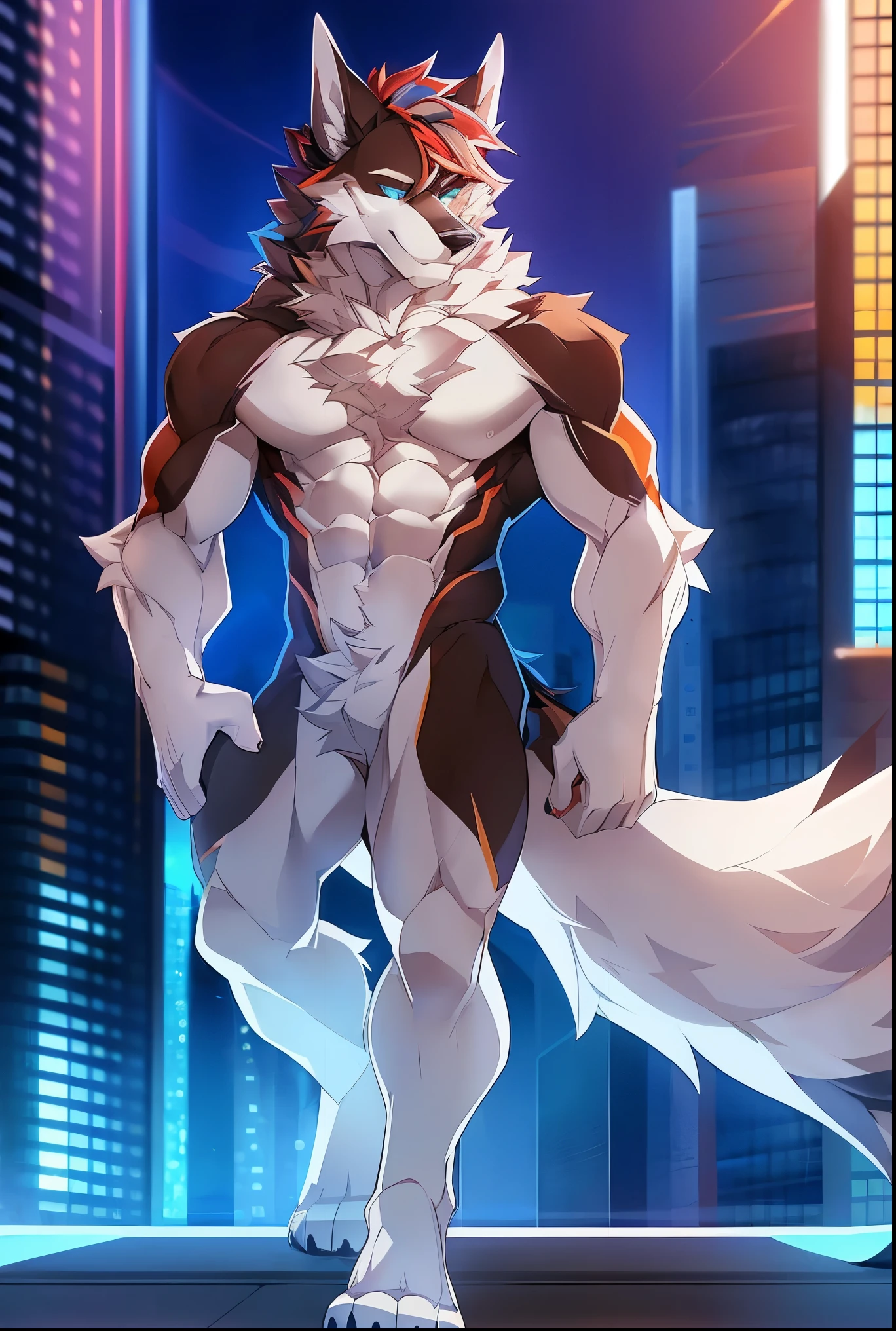 ((Solo)), male people, anthro wolf, (Multi-colored fur, White tail pointed), (Height 3meters,Tail length 2meters), Abs, pinginuscular, A long big tail, by patto, modern city