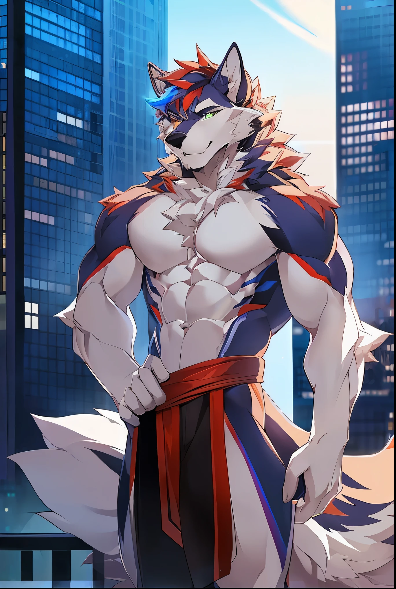 ((Solo)), male people, anthro wolf, (Multi-colored fur, White tail pointed), (Height 3meters,Tail length 2meters), Abs, pinginuscular, A long big tail, by patto, modern city