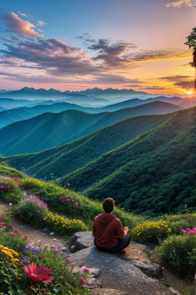 A beautiful sunrise over the mountains, overlooking an
entire kingdom of lush forests and colorful flowers and a
mysterious person meditating on top of one mountain looking at all
that is below him in awe.