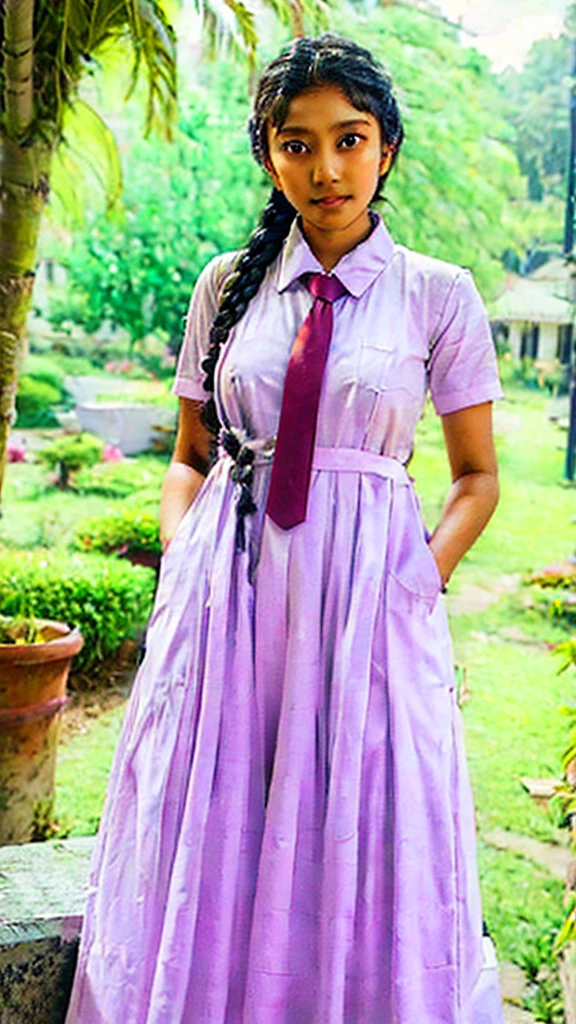 school Midi dress with side pockets,srilankan beautiful school girl wearing school white uniform has large volume pockets,long tie,putting hands in side pockets pose,standing in the srilankan classroom,big chest pocket,long braid hair,both hands in inside deep pockets for cold,random photography,white shoes,full body view 