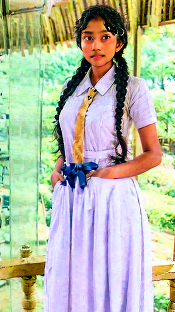 school Midi dress with side pockets,srilankan beautiful school girl wearing school white uniform has large volume pockets,long tie,putting hands in side pockets pose,standing in the srilankan classroom,big chest pocket,long braid hair,both hands in inside deep pockets for cold,random photography,white shoes,full body view