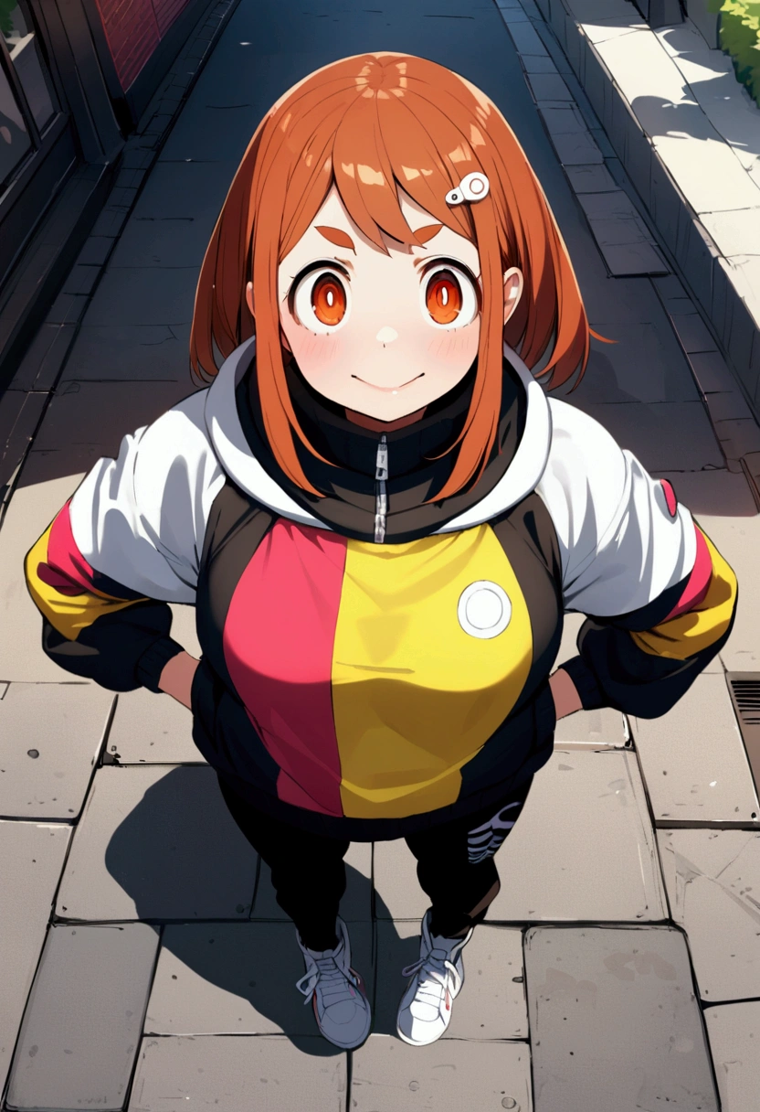 ochako, street ware clothes, full body standing, fish eye linse from above.