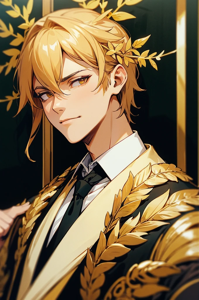 politician in a limousine is wearing golden laurel wreath , max quality, max details 4k, 