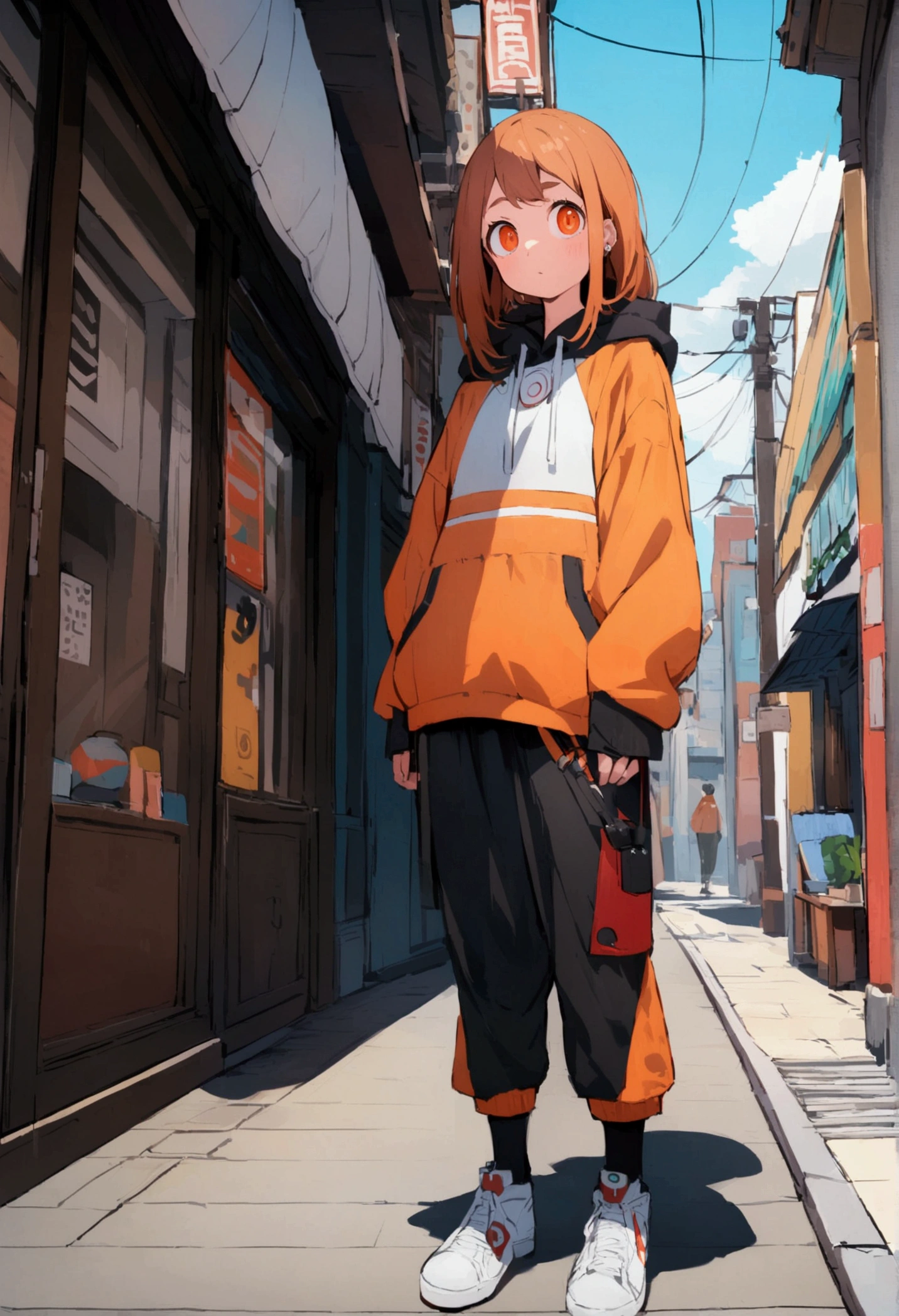 ochako, street ware clothes, full body standing, fish eye linse.