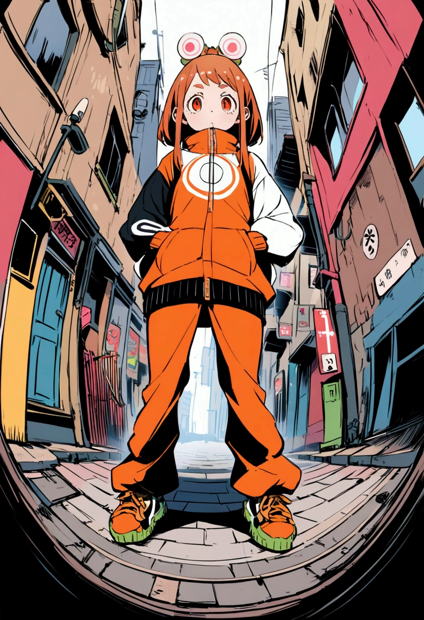 ochako, street ware clothes, full body standing, fish eye linse.