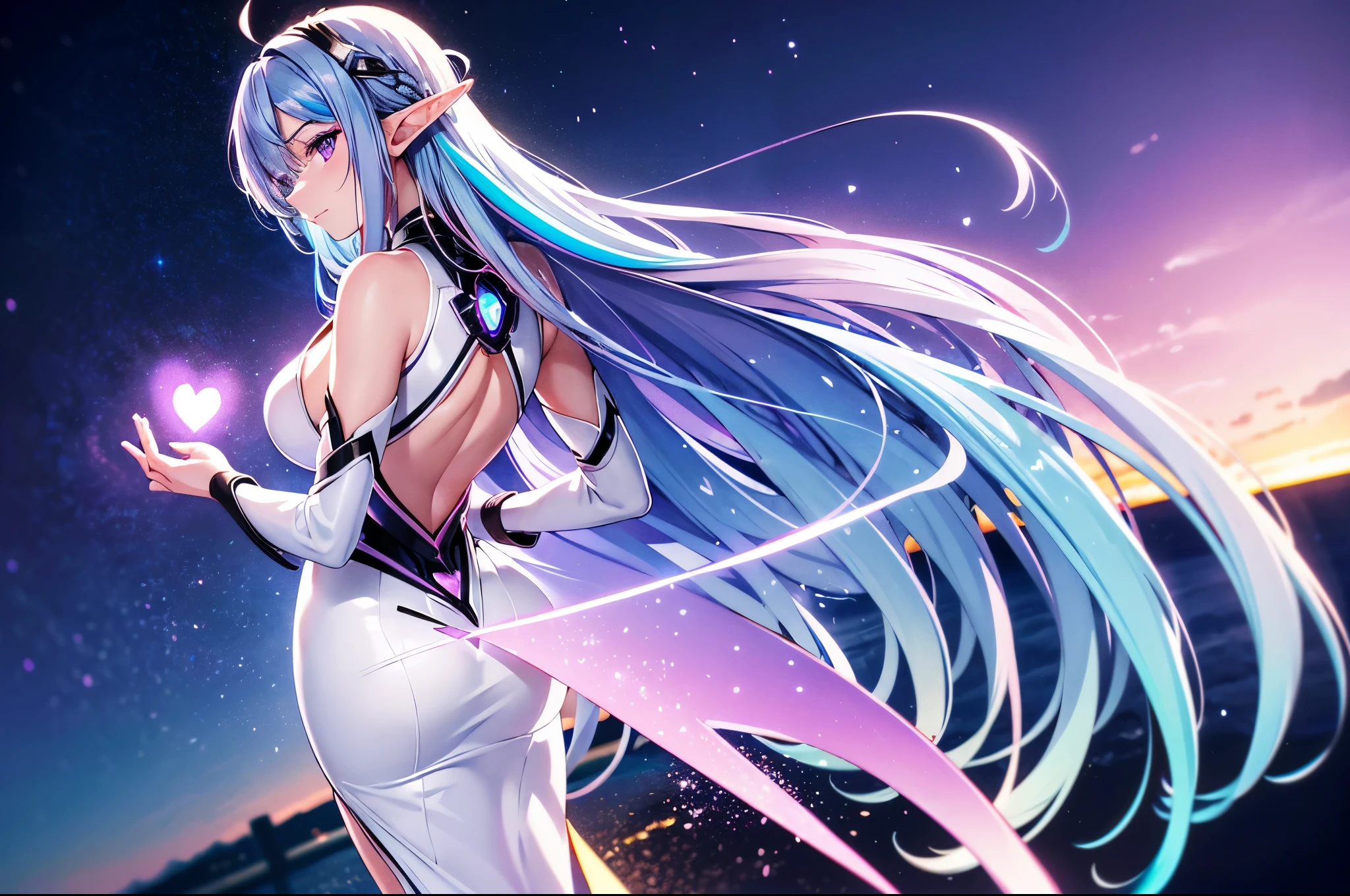 1 elf girl, (beautiful elf lady), elf magician, one person solo, (Silver blue hair streaked pink purple:1.4), (Gradient sky blue hair ends:1.6), hair strand, absurdly long hair, single sidelock, wavy hair, shiny hair, floating hair, (glowing Illusion purple eyes), delicate eyes, aqua eyes, ultra-detailed eyes, colourful makeup, high detailed facial, upturned pointy elf ears, porcelain skin, warm tone skin, break,
White extra long dress, Technical clothing masterpiece, love and magic, several heart stars and Colored lights swirl around the body, (((large-scale multiple colours magic circle upright floating on the back of the head))), lot of heart in magic circle, In the city, on the street, looking at the starry night sky, night sky, cloud, heart, detailed background, shallow depth of field, meteor, break,
Full body, clean focus, realism, chiaroscuro, sparkle, ray tracing, cinematic lighting, cyberpunk future Godism artn, cyberpunk anime, award winner illustration, イーブイの絵, atmospheric perspective, best quality, 8K quality, UHD, 8K, super detail, masterpiece, highres, ccurate, retina, perfect CG, CG unity, complex, Octane Render