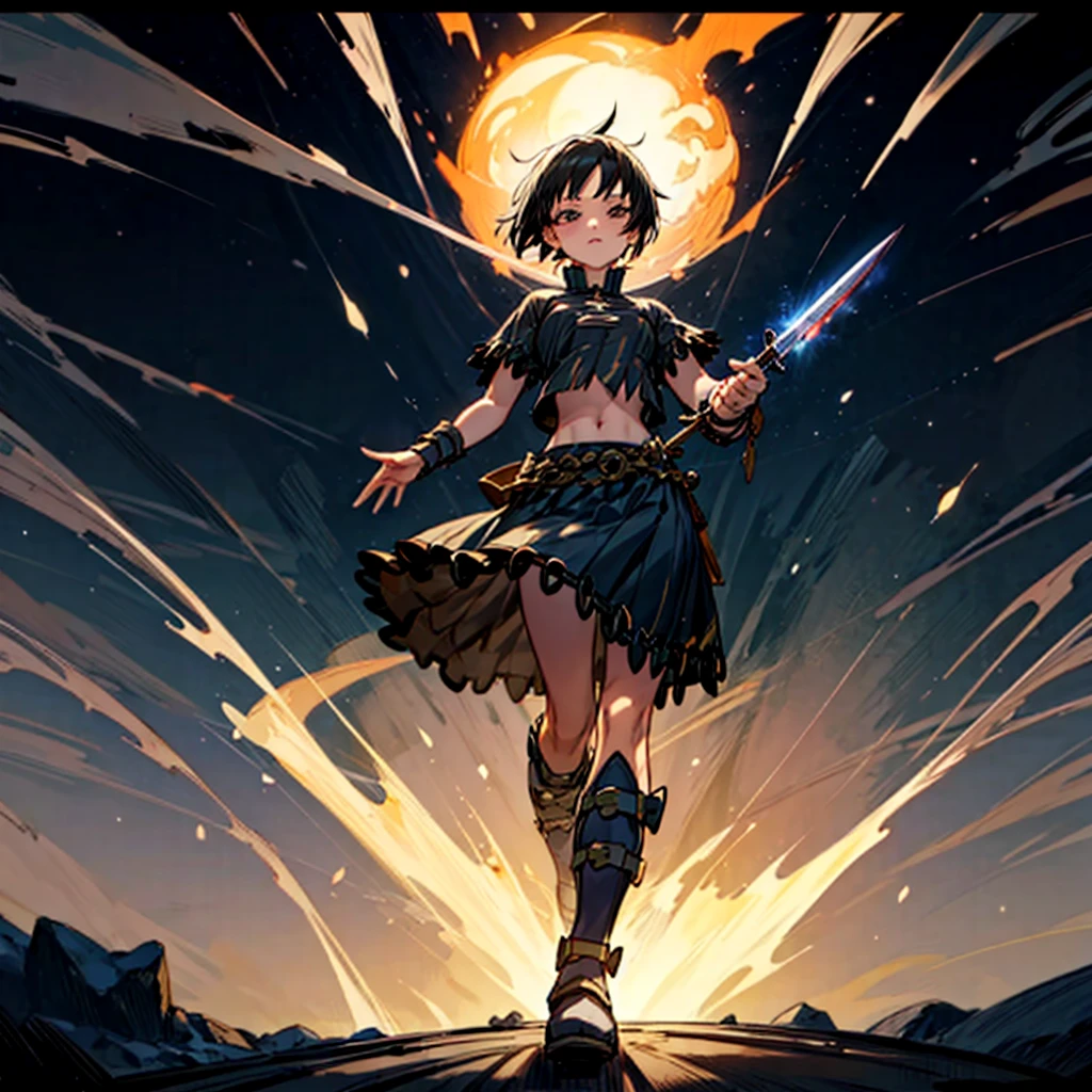 1girl, Full body version, 1character, girl version, black eyes color, short haircut, black colour hair, Ancient Roman style clothing, long skirt, ling boots, small armor body, Grassroots, background in snow, motion blur, (one piece style art), snow, knife in hand, standing gesture, fire, lighting knife, smoke effect, aura effect, lighting moon, Moonlight, fire aura, snow, blue lightning, Silhouette, knife light silhouette, moon 