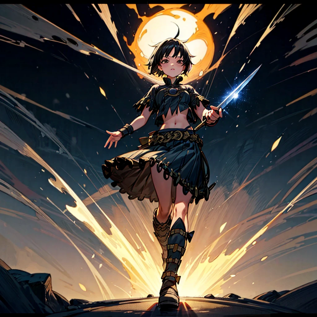 1girl, Full body version, 1character, girl version, black eyes color, short haircut, black colour hair, Ancient Roman style clothing, long skirt, ling boots, small armor body, Grassroots, background in snow, motion blur, (one piece style art), snow, knife in hand, standing gesture, fire, lighting knife, smoke effect, aura effect, lighting moon, Moonlight, fire aura, snow, blue lightning, Silhouette, knife light silhouette, moon 