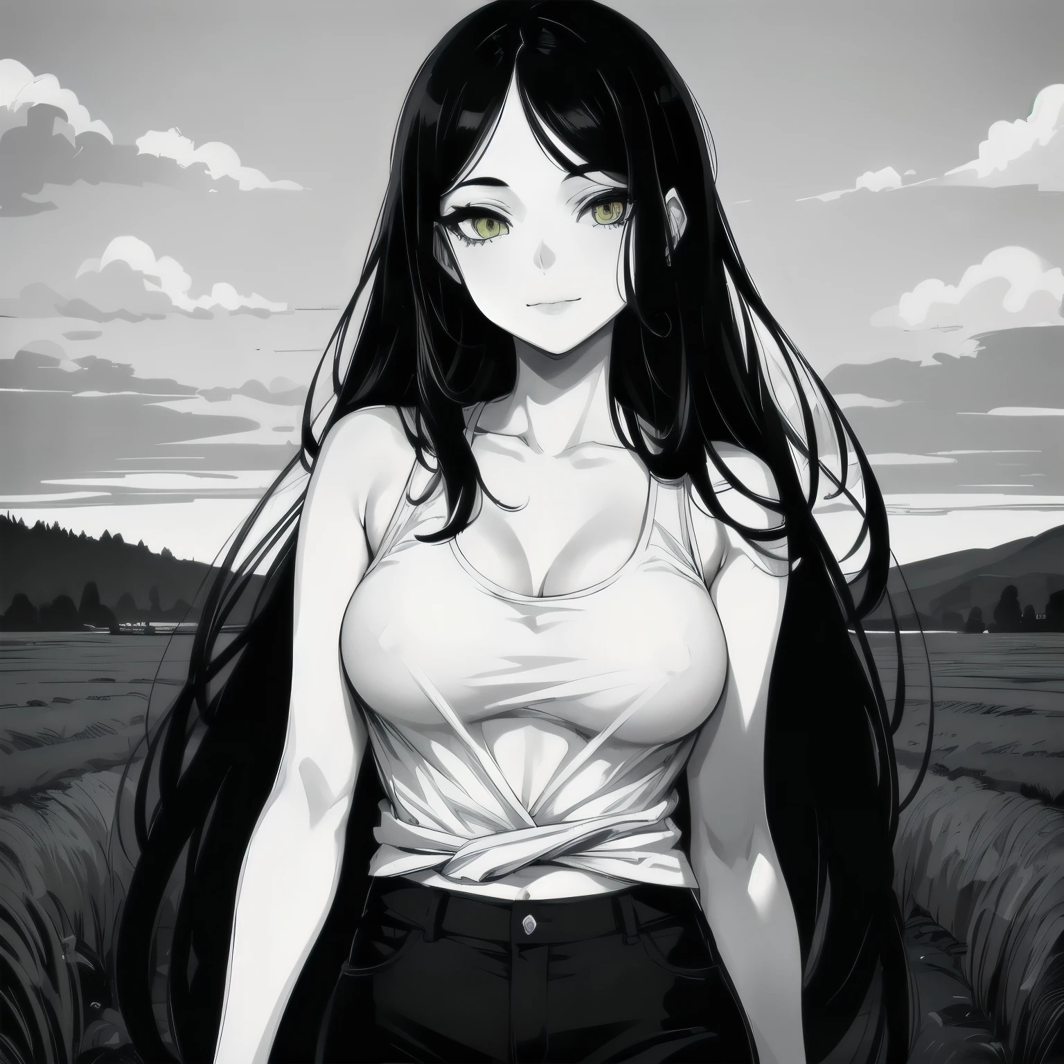 (masterpiece), 1girl, solo, best quality, expressive eyes, perfect face, retro artstyle, (pale skin), very long hair, (forehead), messy hair, black hair, large breasts, slim body, young woman BREAK white tank top BREAK black shorts BREAK closed mouth, light smile, lineart, greyscale, monochrome, (white skin), looking at viewer, yellow eyes, grass, outdoors, landscape 