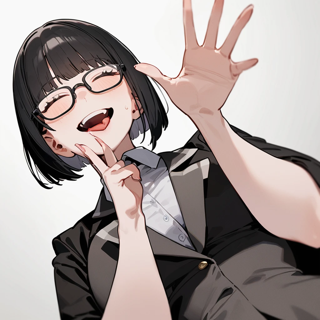masterpiece, Highest quality, so beautiful, Absurd,
One girl, alone, Black Hair, Bobcut,
Thermont 16A, Glasses,
Collared shirt, Happy, smile, Sticking out tongue、whole body、View your viewers, White Background, Simple Background,被写体のwhole bodyが映る、(From below:1.3)、Crossdresser、Transsexual、NSFW