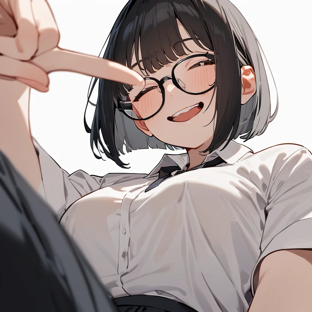 masterpiece, Highest quality, so beautiful, Absurd,
One girl, alone, Black Hair, Bobcut,
Thermont 16A, Glasses,
Collared shirt, Happy, smile, Sticking out tongue、whole body、View your viewers, White Background, Simple Background,被写体のwhole bodyが映る、(From below:1.3)、Crossdresser、Transsexual、NSFW