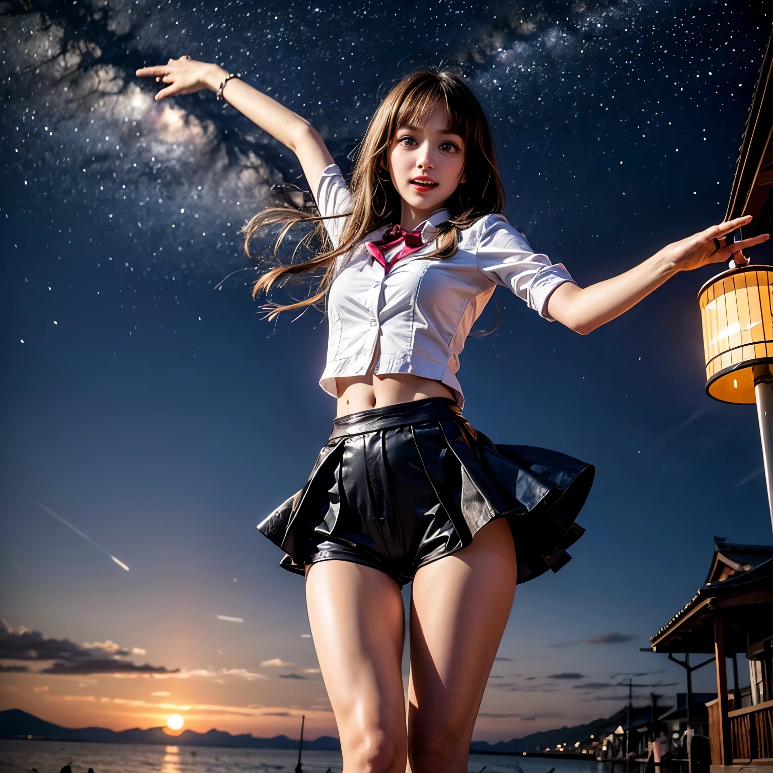 ManoErina, Masterpiece of ProfessionalPhoto ((ExtremelyDetailed (12 PICHIPICHI KAWAII Girls Floating in The Air in a row:1.37) in WHITE at Dusk Enoshima Beach)), {(Standing Full Body:1.2)|(from below:1.2)}, Different types of hair colors, {(skinny(SchoolSwimwear))|(SchoolUniform)with Tiny AthleticShorts}, {Detailed Childish hand|Hidden hand|Armpit|Different types of breasts of various sizes from HUGE to FLAT|(Clearly Visible the shape of Butt)}, Joyful Expressions LifeLike Rendering, PerfectLighting, (Dazzling Horizon Visible through ThighGap), (Starry IridescentParticles:1.22) ColorfulClouds