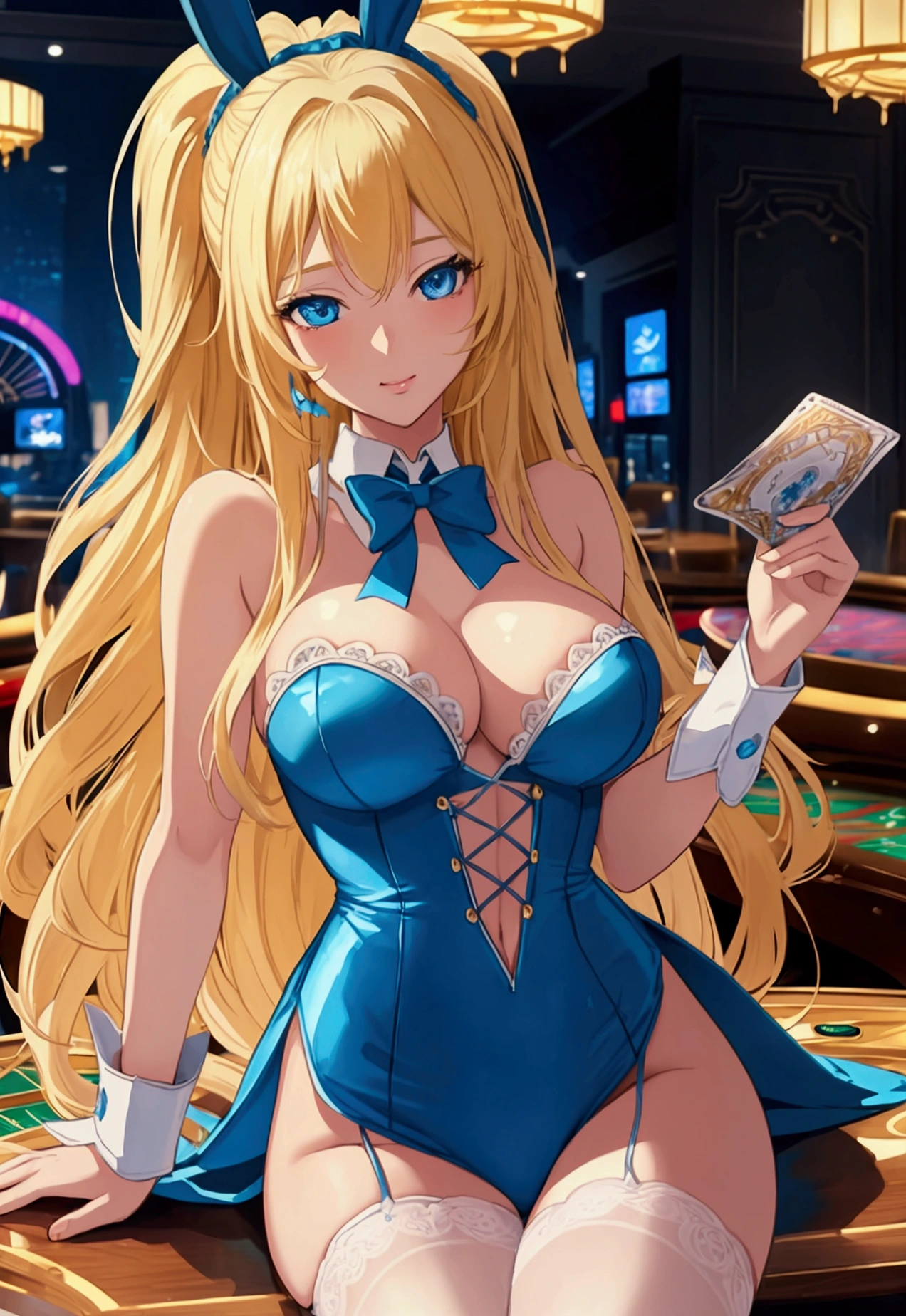 masterpiece, best quality, high quality, photorealistic, camera raw, realistic, ultra detailed, high-resolution, Raw Photo, A beautiful anime illustration of a girl with long blonde hair and blue eyes, wearing a blue bunny girl outfit. She is leaning forward seductively over a casino table, with a playful and alluring expression. The background is a luxurious casino with bright lights and detailed decor, creating a vibrant and energetic atmosphere.