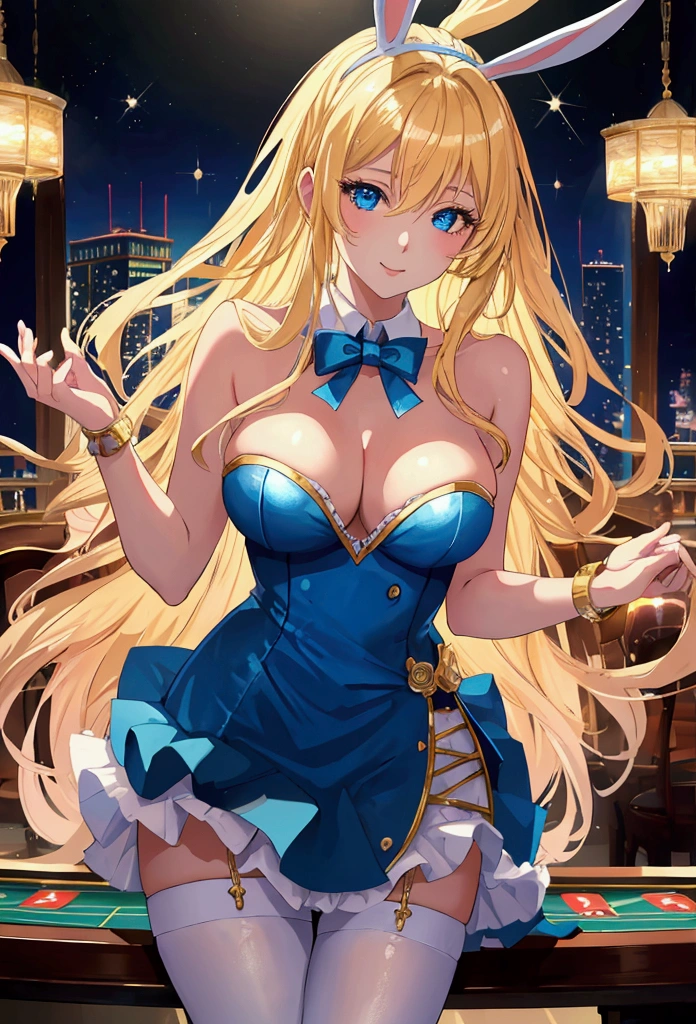 masterpiece, best quality, high quality, photorealistic, camera raw, realistic, ultra detailed, high-resolution, Raw Photo, A beautiful anime illustration of a girl with long blonde hair and blue eyes, wearing a blue bunny girl outfit. She is leaning forward seductively over a casino table, with a playful and alluring expression. The background is a luxurious casino with bright lights and detailed decor, creating a vibrant and energetic atmosphere.