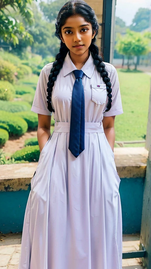 school Midi dress with side pockets,srilankan beautiful school girl wearing school white uniform has large volume pockets,long tie,putting hands in side pockets pose,standing in the srilankan classroom,big chest pocket,long braid hair,both hands in inside deep pockets for cold,random photography,white shoes,full body view