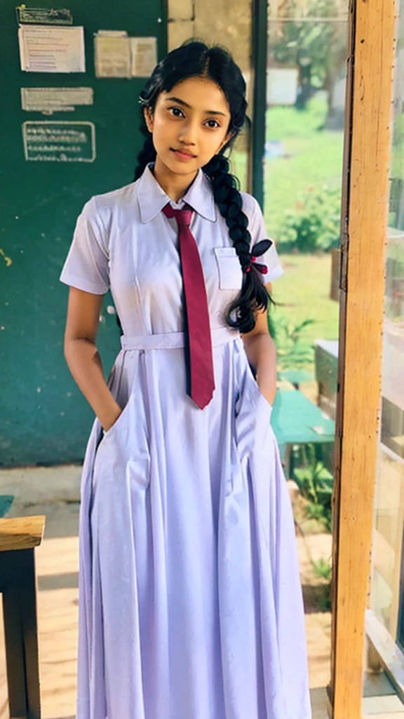 school Midi dress with side pockets,srilankan beautiful school girl wearing school white uniform has large volume pockets,long tie,putting hands in side pockets pose,standing in the srilankan classroom,big chest pocket,long braid hair,both hands in inside deep pockets for cold,random photography,white shoes,full body view