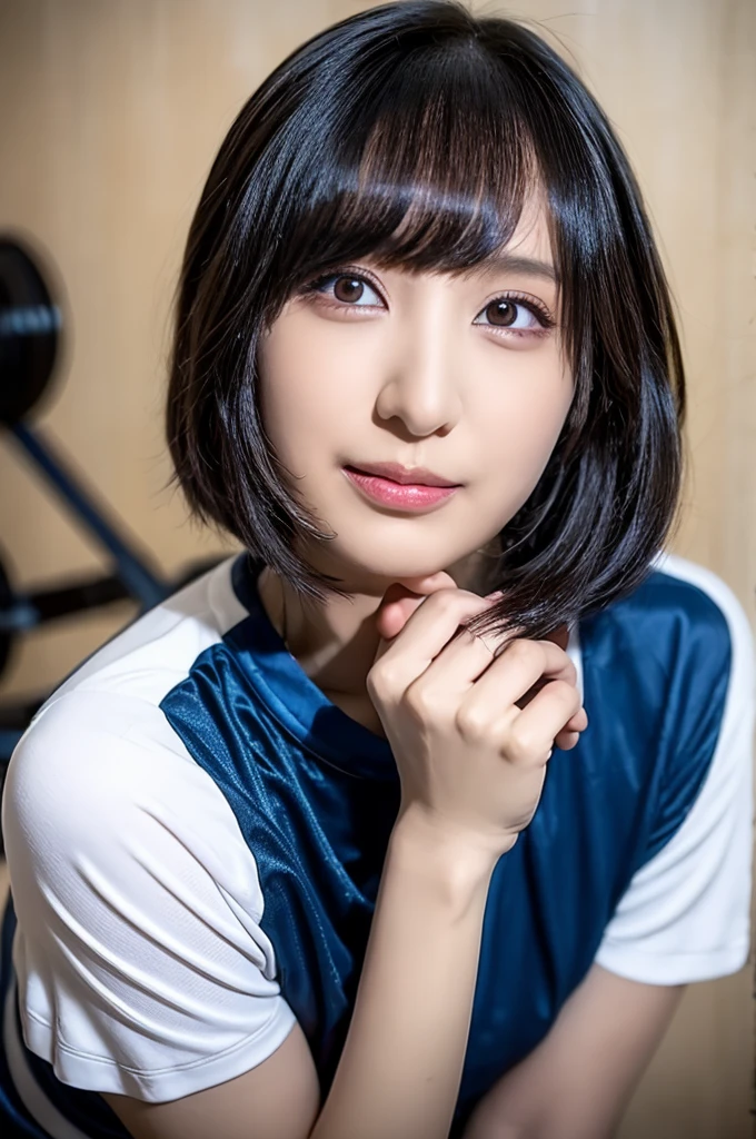 20-year-old, 8K, RAW Portrait (Japanese Girls), photo Realistic, Ultra-high resolution, Highest quality, Actual photo , dramatic, Atmospheric, Realistic,
One girl, a very beautiful Japanese Girls, Glamorous shot of a girl, smile,Bobcut,Textured skin, , lips,Big and beautiful eyes,Shorts,Short sleeve,(Sportswear:1.2),Gym, Beautifully detailed nose,,Big Breasts,View your viewers, 