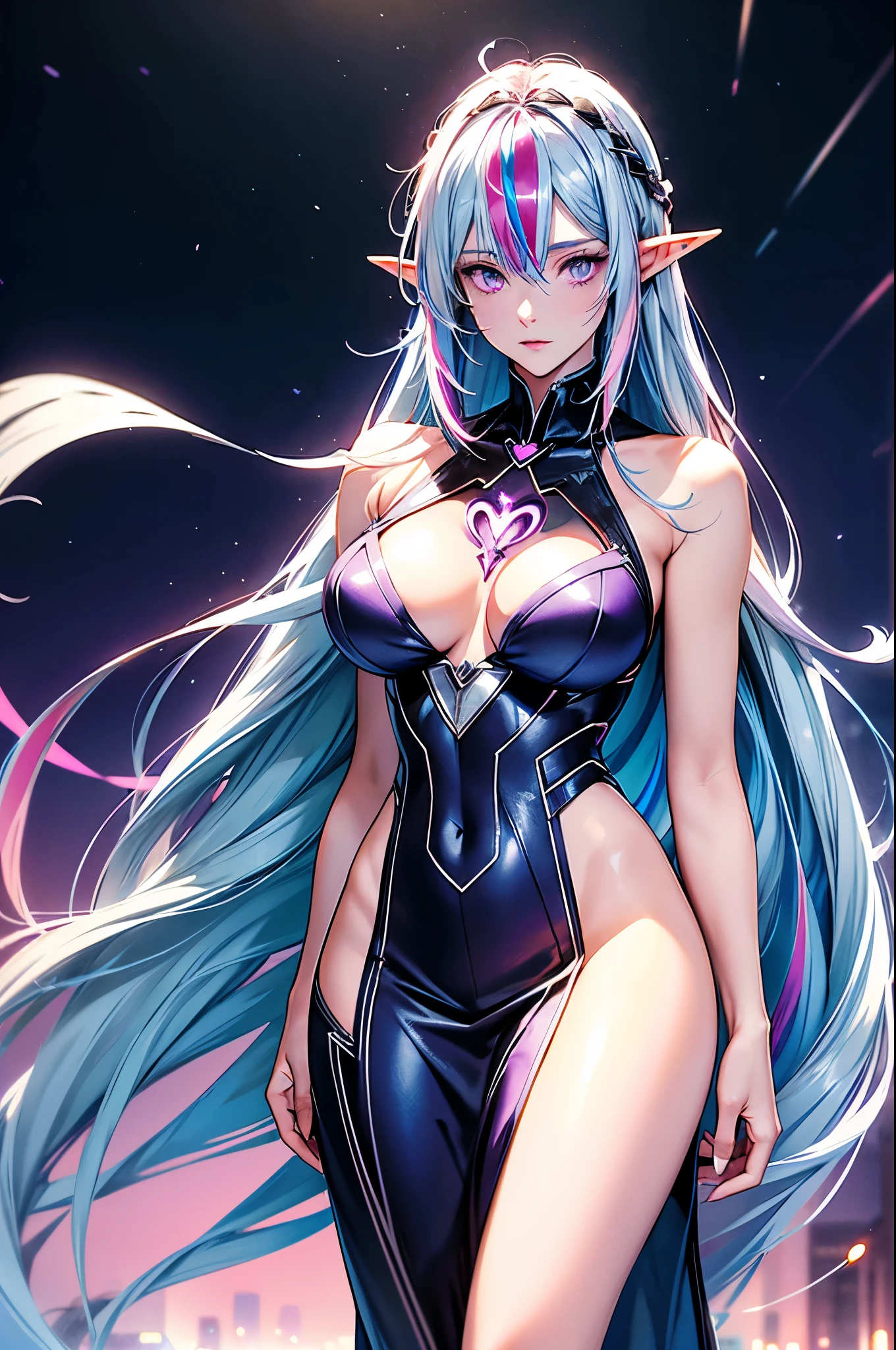 1 elf girl, (beautiful elf lady), elf magician, love and magic, one person solo, (Silver blue hair streaked pink purple:1.4), (Gradient sky blue hair ends:1.5), hair strand, absurdly long wavy hair, single sidelock, shiny hair, floating hair, (glowing symphony purple eyes), high-detailed and delicate eyes, colourful eyes makeup, red lips, ultra detailed facial, upturned pointy elf ears, porcelain skin, warm tone skin, whole body, extreme detailed, break, White extra long dress, Technical clothing masterpiece, several heart and Colored particle swirl around the body, (large complex multiple colours magic circle and heart totem upright floating on the back of the head:1.3), break, In the city, walking on the street, looking at the starry night sky, star night, meteor, cloud, heart, detailed background, complex background, ( _give heart:1.2), break, Full body, shallow depth of field, clean focus, realism, chiaroscuro, sparkle, ray tracing, Volumetric lighting, Edge lighting, cinematic lighting, cyberpunk future Godism art, cyberpunk anime, award winner illustration, イーブイの絵, atmospheric perspective, best quality, 8K quality, UHD, 8K, super detail, masterpiece, highres, curate, retina, perfect CG, CG unity, complex, bloom, Octane Render, 3D Render,