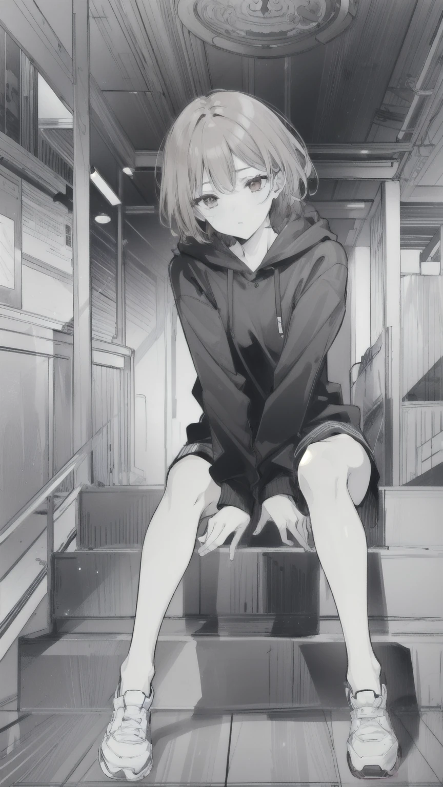 (expensive body, expensive, Long legs, mature female, mature, Adult:1.2), It is_hang on_nobara, 1 Girl, Kugisaki Nobara, alone, Brown Hair, Brown eyes, short hair, , Portraiture, Mouth closed, bangs, Looking at the audience,Wearing a black hoodie,Sit on the stairs,Cheek resting on hand,(Line art:1.8),