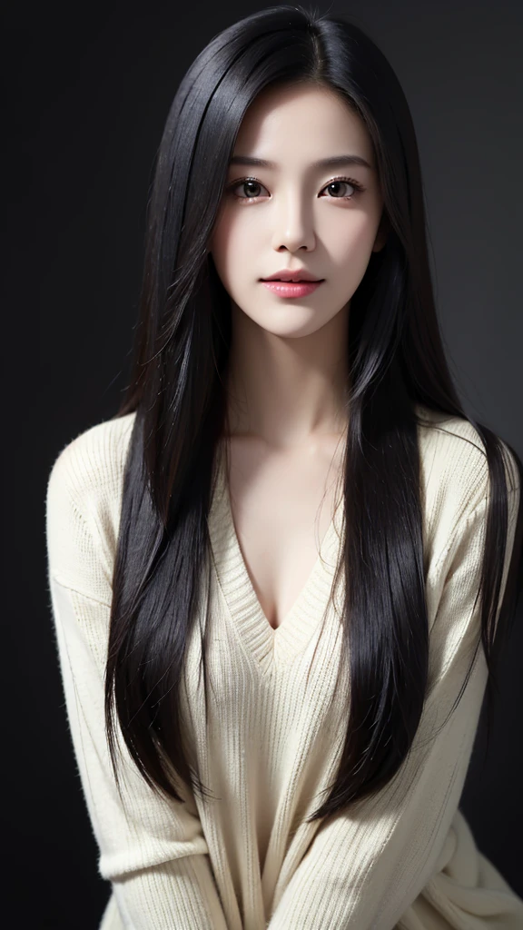 (8K),(RAW Photos),(Highest quality),(masterpiece:1.2),Sharp focus,natural shading,hyper realistic,(Small breasts),Realistic Face,超Realistic Face,Beautiful face,detailed,超detailed,slim,(Black hair straight:1.3),Double eyelids,非常にdetailedな顔,smile,VNeck sweater,Depth of field,Shiny Hair,leaning forward,(Dark Background),hand on own cheek,natural shading,volumetric lighting,valley