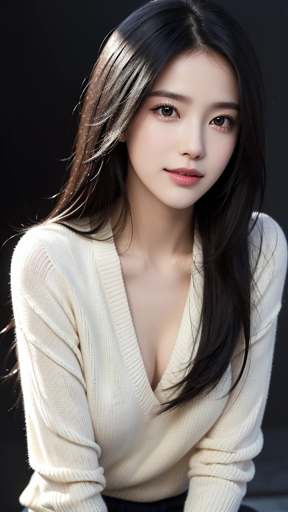 (8K),(RAW Photos),(Highest quality),(masterpiece:1.2),Sharp focus,natural shading,hyper realistic,(Small breasts),Realistic Face,超Realistic Face,Beautiful face,detailed,超detailed,slim,(Black hair straight:1.3),Double eyelids,非常にdetailedな顔,smile,ＶNeck sweater,Depth of field,Shiny Hair,leaning forward,(Dark Background),hand on own cheek,natural shading,volumetric lighting,valley