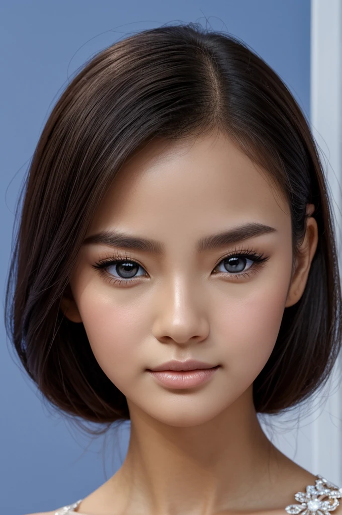 (Face details Breaking down - Best quality:1.2), beautiful woman, single eyelids,Big nose,high nose,high bridge of nose,Fracture of bridge of nose,Danfeng Eyes,single eyelids,thin lips,Close lips,Cute small mouth,thin lips,High nose,Roman nose,pointed nose,Wide nose wings,lone eyelids,with fair skin,Faces are exquisite and perfect,kawai,sing eyelids,Tender and tender eyes,numerical art,Amazing small eyes,Tender thin eyes Eyebrows,orthofacial,frontal makeup,Elongated mouth corners,Elevated mouth corners,Goose egg face,Exquisite and beautiful,small eyes,Danfeng Eyes,Elongated eyes,Sweet little mouth,black casual evening dress, White background, Brown hair, American Girl, Blue eyes,