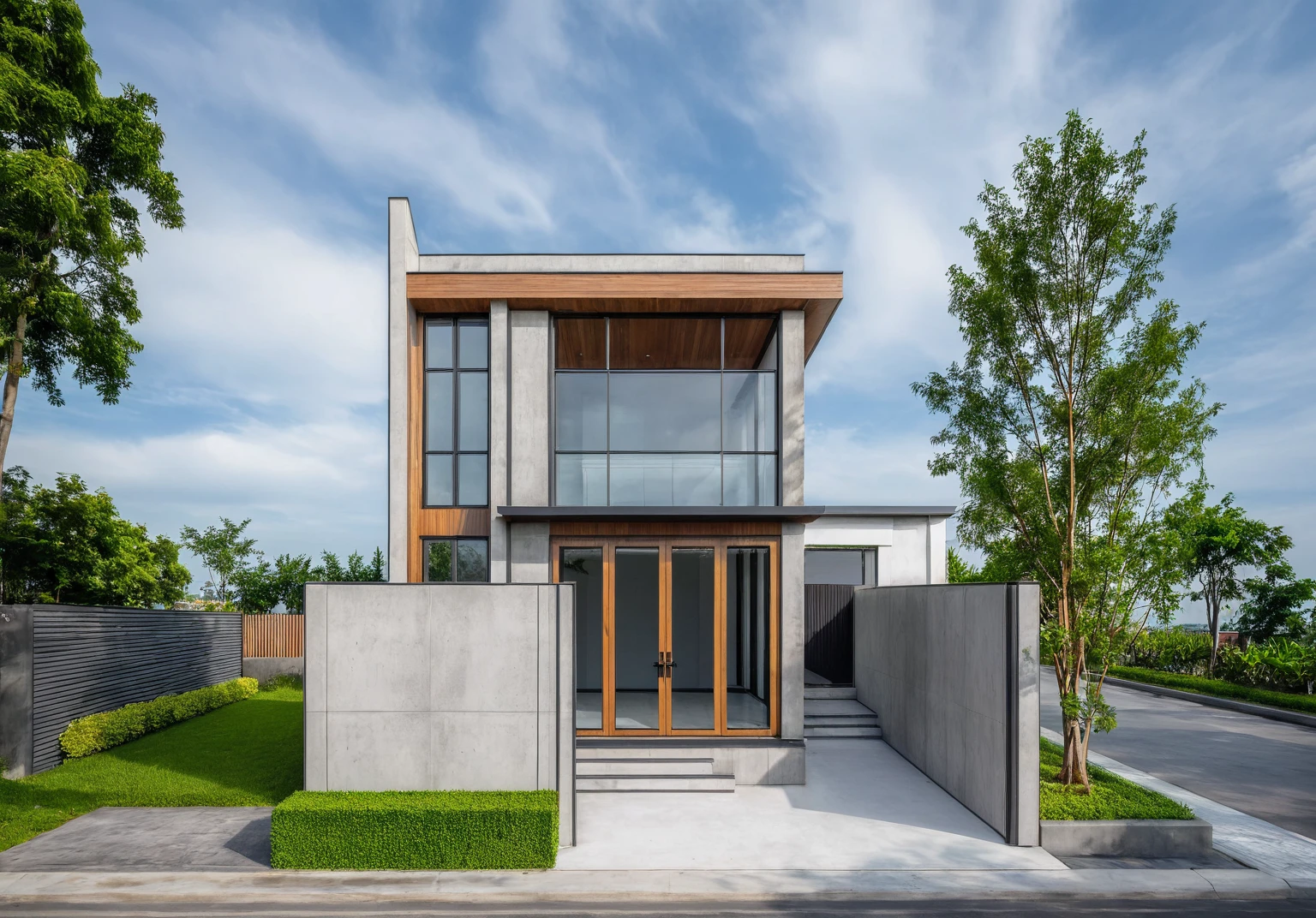 exterior of house, modern, townhouse, Modern house gate, minimalistic, the house is located in an urban area of Hanoi Vietnam, wall concrete gray and wood, facing the road, plant and tree, sidewalks, sidewalk trees, corona render, 3ds max, wide view, overcast sky, a moody foggy environment, sunny cinematic, natural light