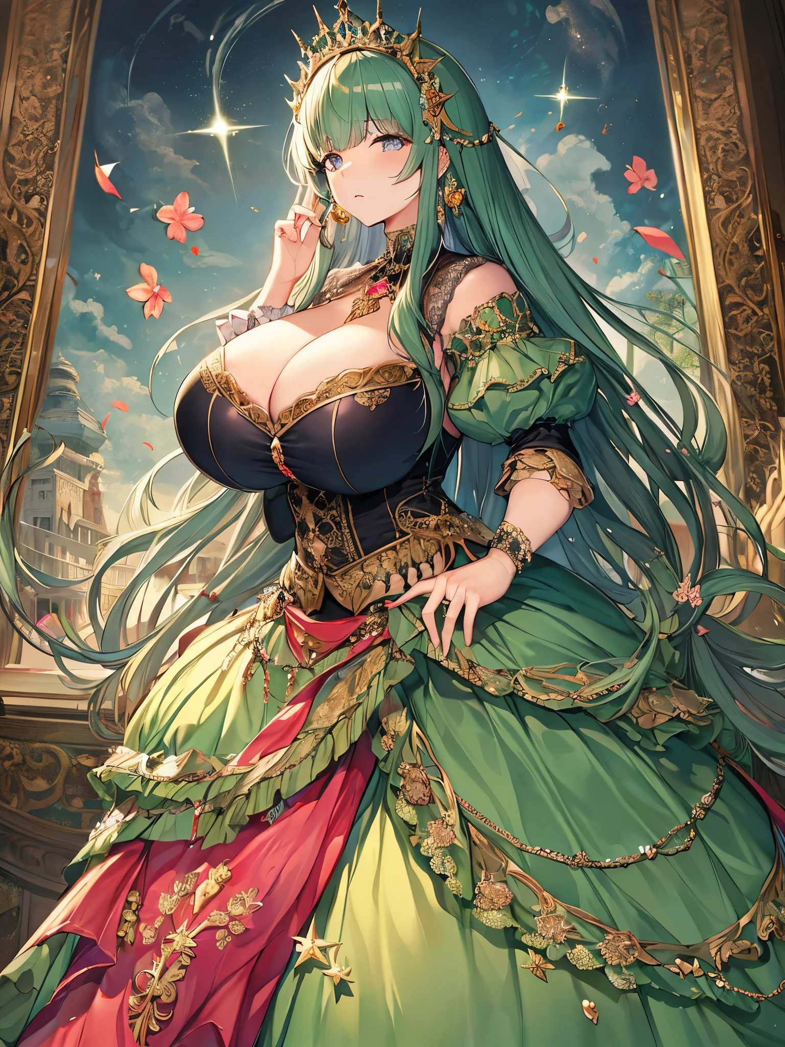 moe anime artstyle,Masterpiece,Best Quality,Super Detail,(Very Delicate and Beautiful),Solo,full body,((full body portrait)),absurdly gigantic tits,(((1 bling-bling princess in beautiful embroidery and jeweled gorgeous rococo ballgown with voluminous full length crinoline hoop skirt))),(((((absurdly gigantic tits,curvy))))),deep cleavage,Skindentation,((detailed face and eyes)),jewel-like eyes,((crinoline,long train,beautiful embroidery and jeweled lace-trimmed crinoline rococo ballgown with voluminous full length crinoline hoop skirt)),super detailed voluminous gorgeous jeweled rococo ballgown with voluminous full length crinoline hoop skirt,((bling-bling voluminous gorgeous jeweled rococo princess ballgown with voluminous full length crinoline hoop skirt)),((absurdly long Straight hair)),extremely gorgeous hair ornament,((extremely gorgeous big tiara)),luxurious jewelry,((beautiful embroidery and jeweled gorgeous rococo ballgown with voluminous full length crinoline hoop skirt)),(((absurdly gigantic tits))),((palace garden)),Looking at viewer,full body